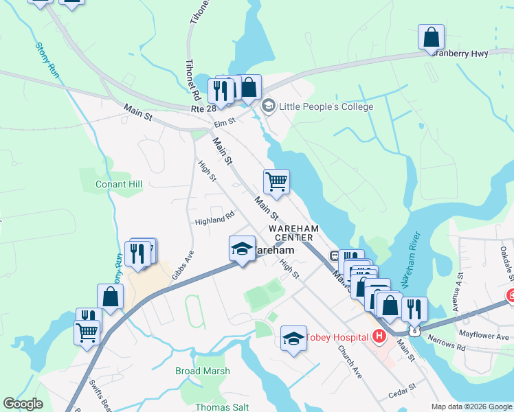 map of restaurants, bars, coffee shops, grocery stores, and more near 408 Main Street in Wareham