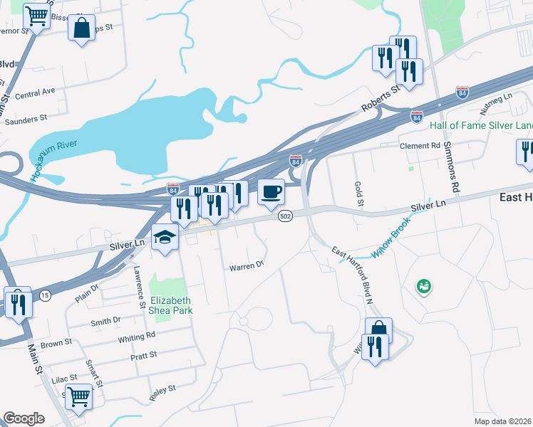 map of restaurants, bars, coffee shops, grocery stores, and more near 356 Silver Lane in East Hartford