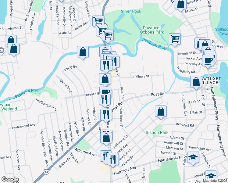 map of restaurants, bars, coffee shops, grocery stores, and more near 484 Warwick Avenue in Warwick