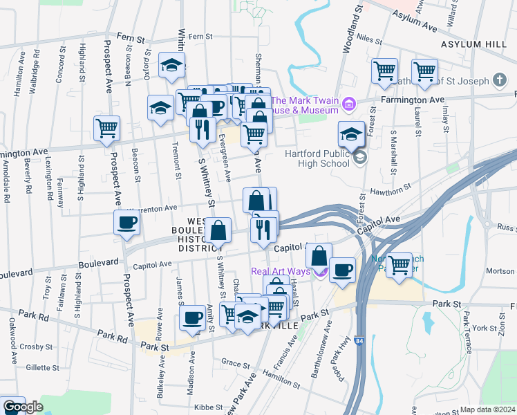 map of restaurants, bars, coffee shops, grocery stores, and more near 169 Sisson Avenue in Hartford
