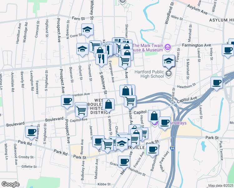 map of restaurants, bars, coffee shops, grocery stores, and more near 23 Warrenton Avenue in Hartford
