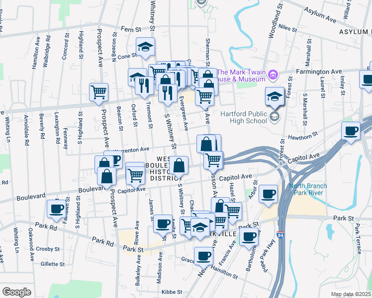 map of restaurants, bars, coffee shops, grocery stores, and more near 47 Warrenton Avenue in Hartford