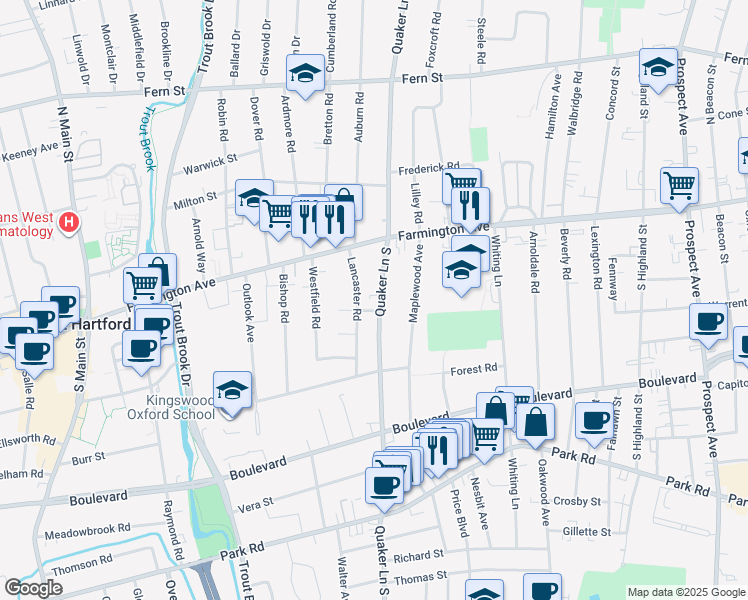 map of restaurants, bars, coffee shops, grocery stores, and more near 48 Quaker Lane South in West Hartford