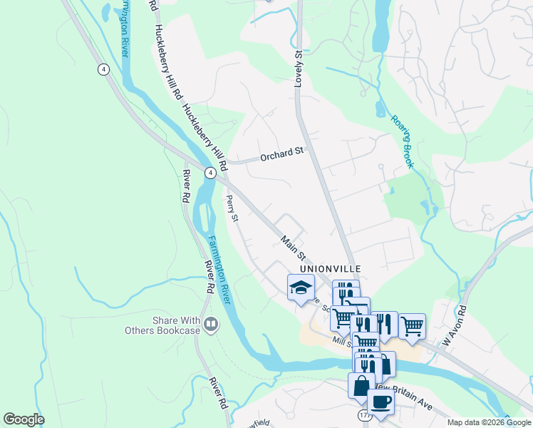 map of restaurants, bars, coffee shops, grocery stores, and more near 210 Main Street in Farmington