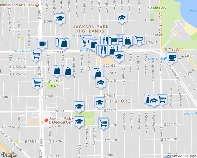 map of restaurants, bars, coffee shops, grocery stores, and more near 7236 South Jeffery Boulevard in Chicago