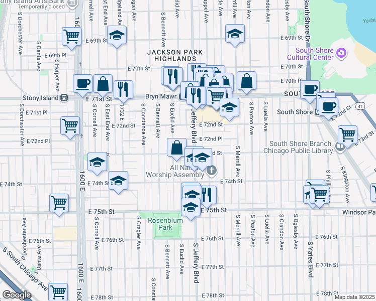 map of restaurants, bars, coffee shops, grocery stores, and more near 1953 East 72nd Place in Chicago