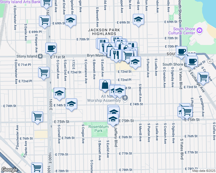 map of restaurants, bars, coffee shops, grocery stores, and more near 1953 East 72nd Place in Chicago