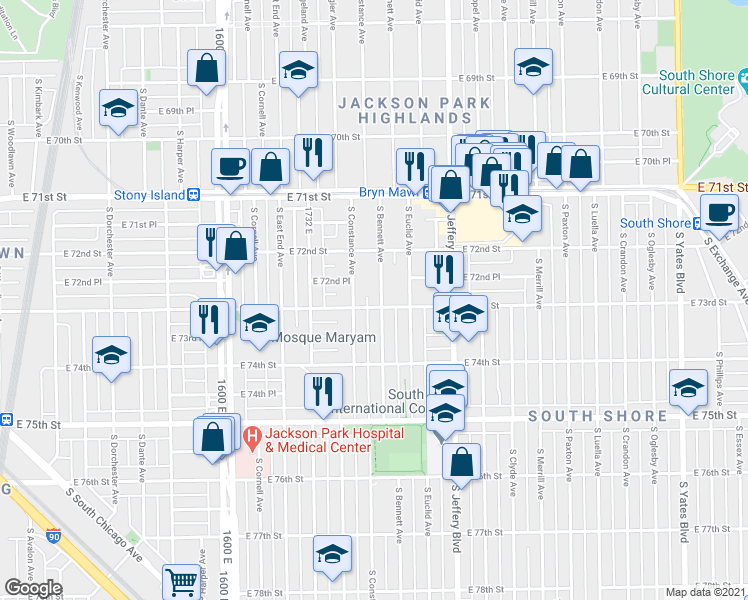 map of restaurants, bars, coffee shops, grocery stores, and more near 7245 South Bennett Avenue in Chicago