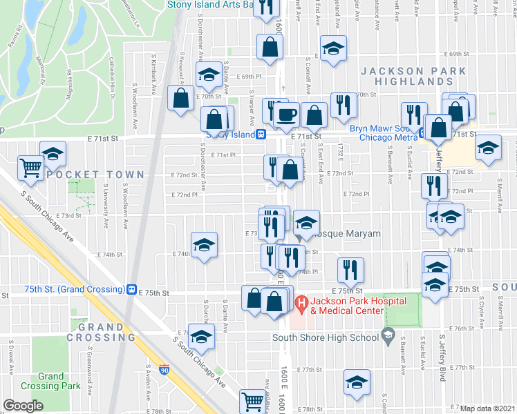 map of restaurants, bars, coffee shops, grocery stores, and more near 1511 East 72nd Place in Chicago