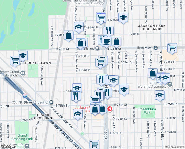 map of restaurants, bars, coffee shops, grocery stores, and more near 1511 East 72nd Place in Chicago