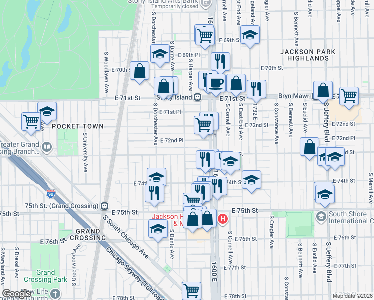 map of restaurants, bars, coffee shops, grocery stores, and more near 1511 East 72nd Place in Chicago