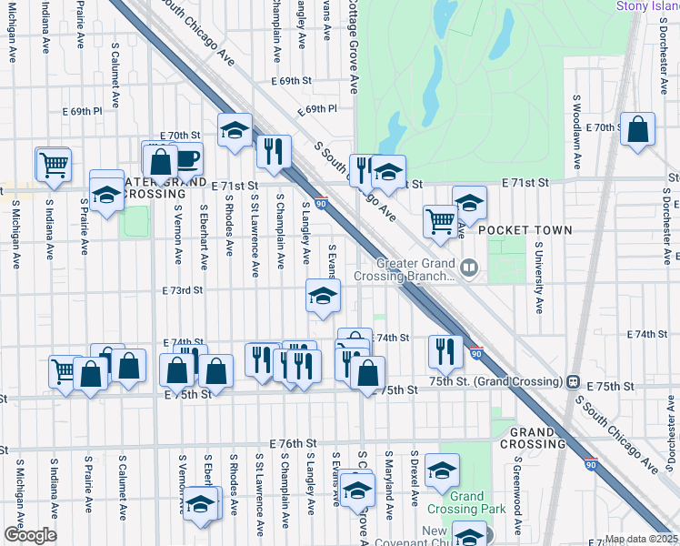 map of restaurants, bars, coffee shops, grocery stores, and more near 7232 South Cottage Grove Avenue in Chicago