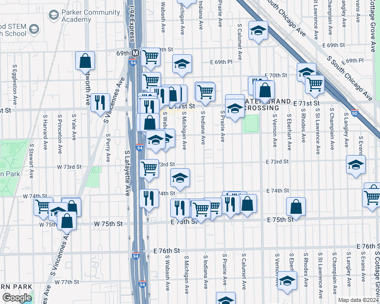 map of restaurants, bars, coffee shops, grocery stores, and more near 7227 South Michigan Avenue in Chicago