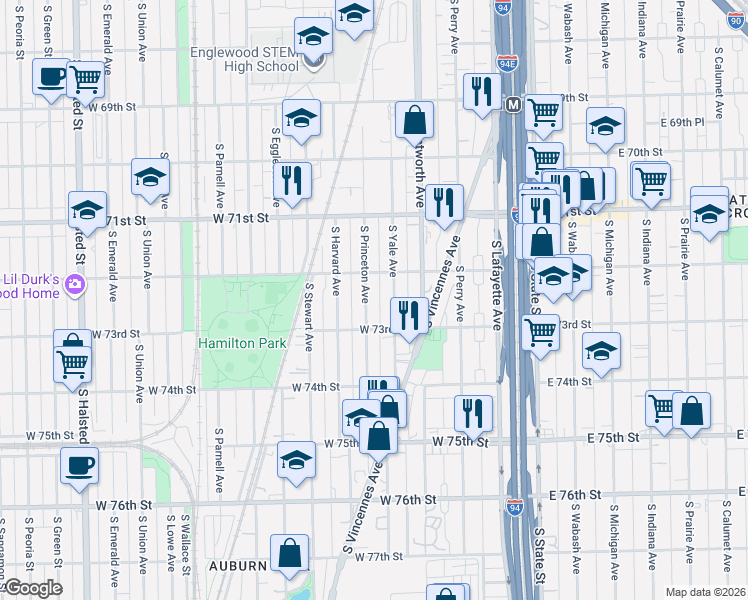 map of restaurants, bars, coffee shops, grocery stores, and more near 7216 South Yale Avenue in Chicago