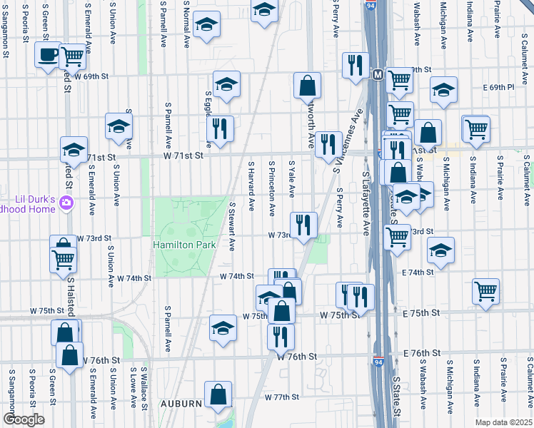 map of restaurants, bars, coffee shops, grocery stores, and more near 7217 South Harvard Avenue in Chicago
