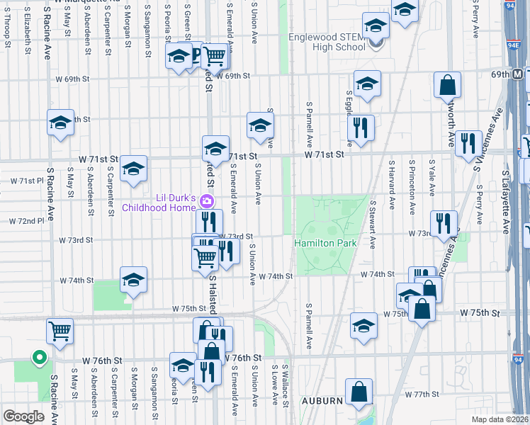 map of restaurants, bars, coffee shops, grocery stores, and more near 7210 South Lowe Avenue in Chicago