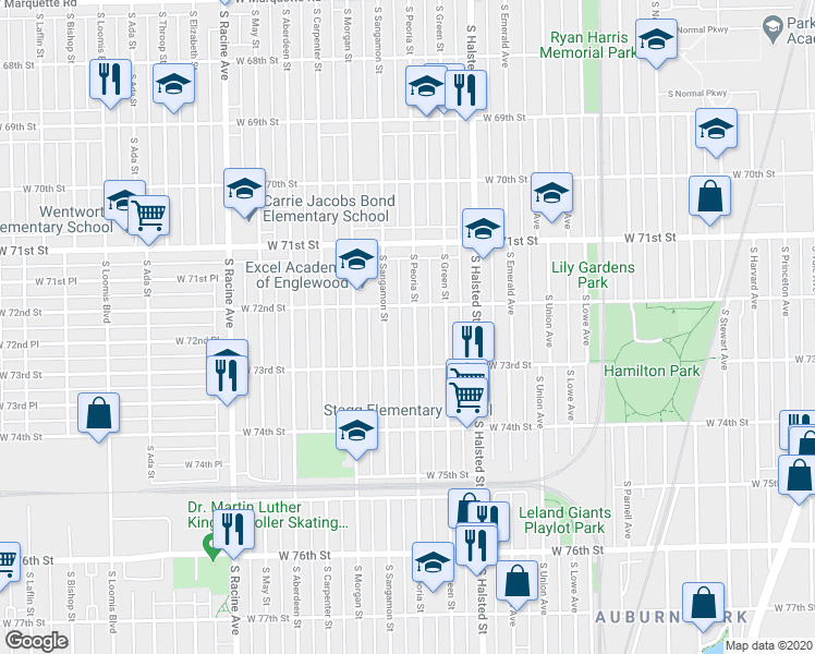 map of restaurants, bars, coffee shops, grocery stores, and more near 7209 South Peoria Street in Chicago