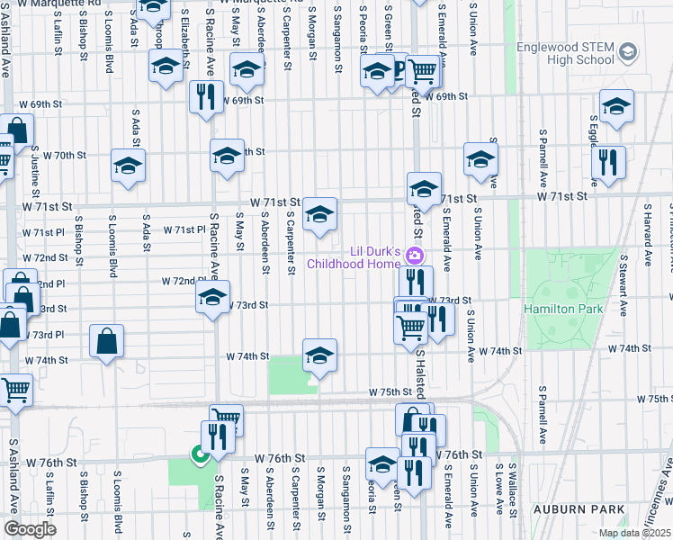 map of restaurants, bars, coffee shops, grocery stores, and more near 7204 South Sangamon Street in Chicago