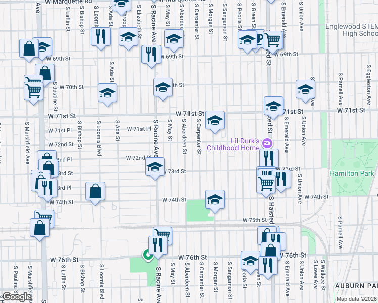 map of restaurants, bars, coffee shops, grocery stores, and more near 7208 South Carpenter Street in Chicago
