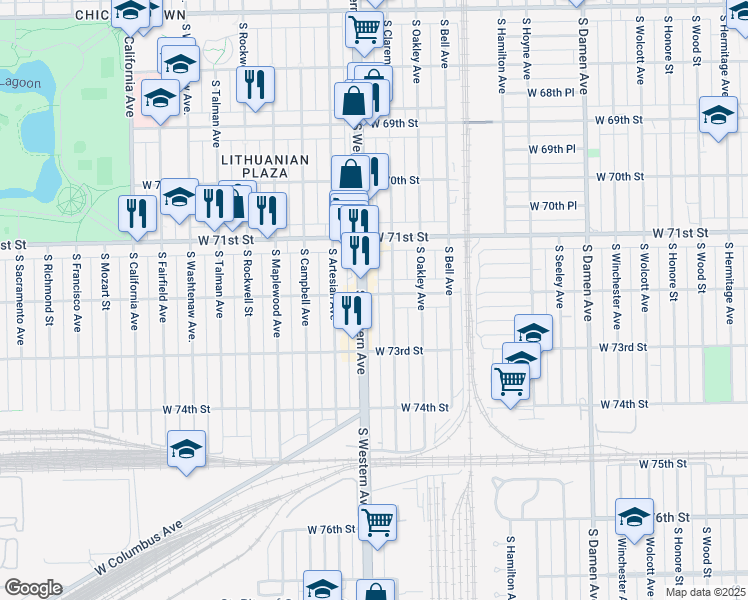 map of restaurants, bars, coffee shops, grocery stores, and more near 2344 West 72nd Street in Chicago