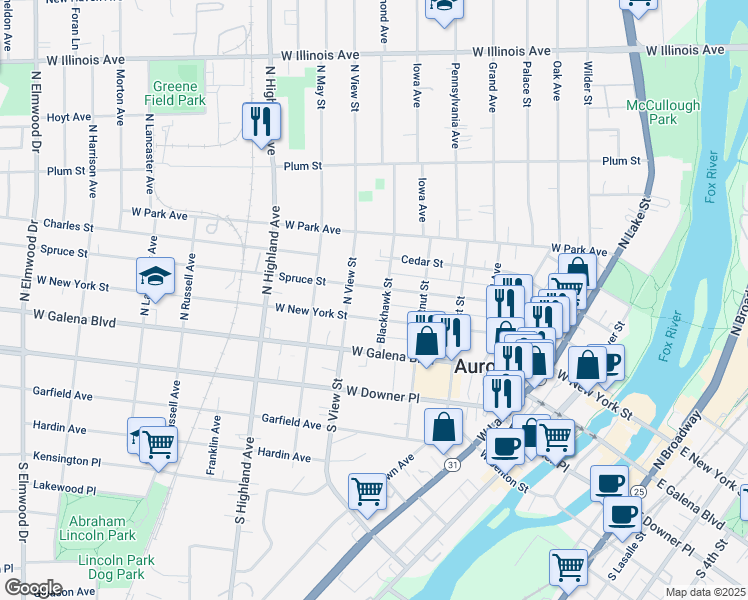 map of restaurants, bars, coffee shops, grocery stores, and more near 122 Blackhawk Street in Aurora