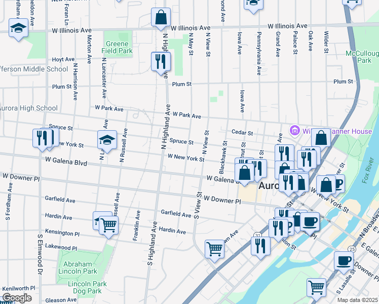 map of restaurants, bars, coffee shops, grocery stores, and more near 116 North May Street in Aurora