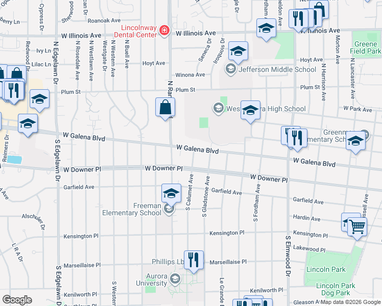 map of restaurants, bars, coffee shops, grocery stores, and more near 1344 West Galena Boulevard in Aurora