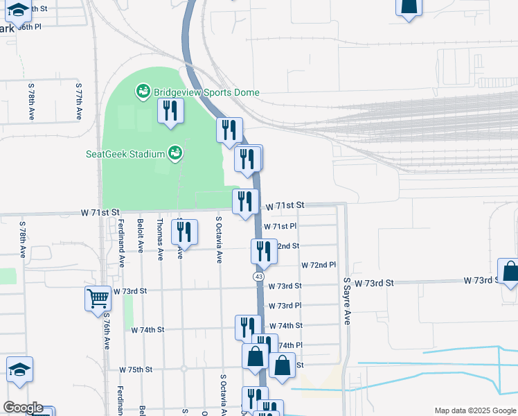 map of restaurants, bars, coffee shops, grocery stores, and more near Harlem Avenue & West 71st Street in Bridgeview