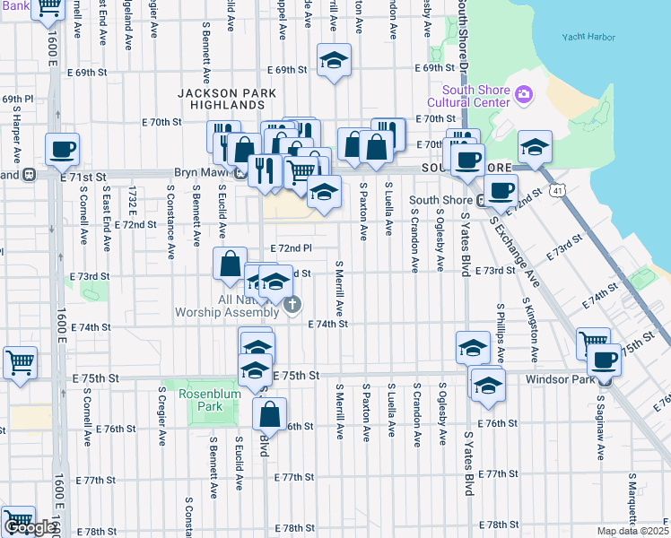 map of restaurants, bars, coffee shops, grocery stores, and more near 7244 South Merrill Avenue in Chicago