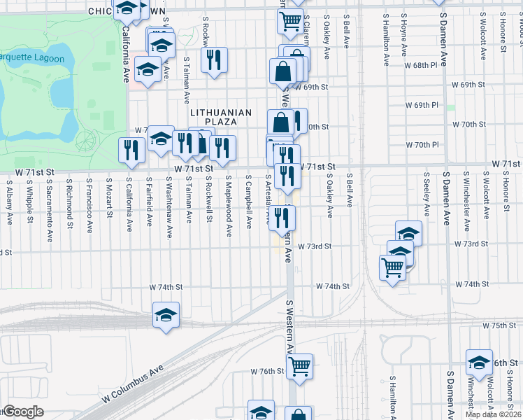 map of restaurants, bars, coffee shops, grocery stores, and more near 2445 West 72nd Street in Chicago
