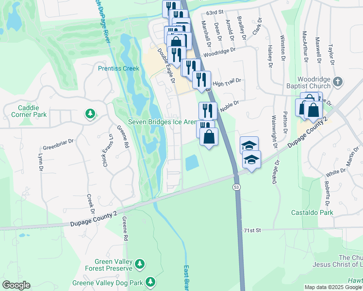 map of restaurants, bars, coffee shops, grocery stores, and more near 6690 Double Eagle Drive in Woodridge