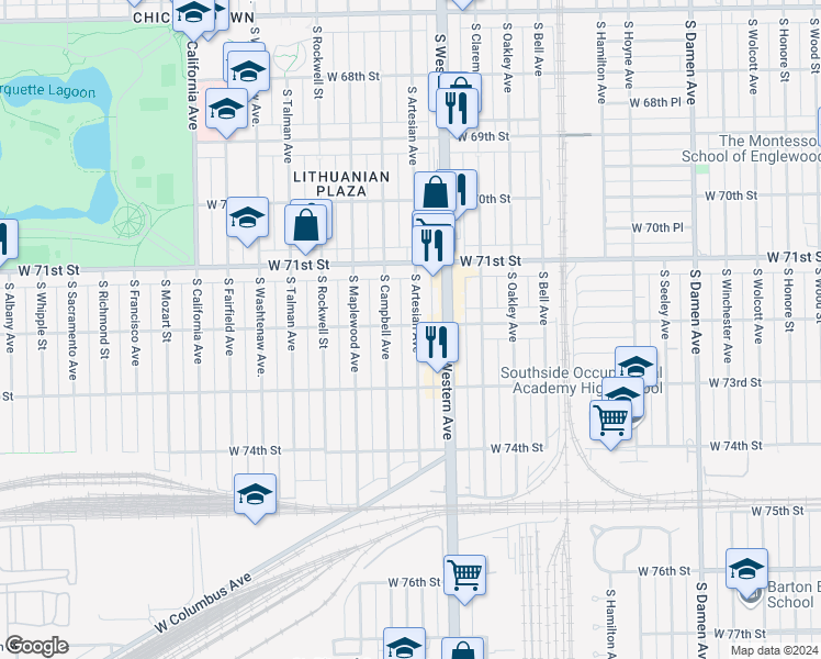 map of restaurants, bars, coffee shops, grocery stores, and more near 2437 West 72nd Street in Chicago