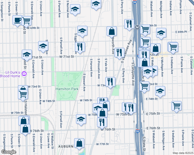 map of restaurants, bars, coffee shops, grocery stores, and more near 7217 South Harvard Avenue in Chicago