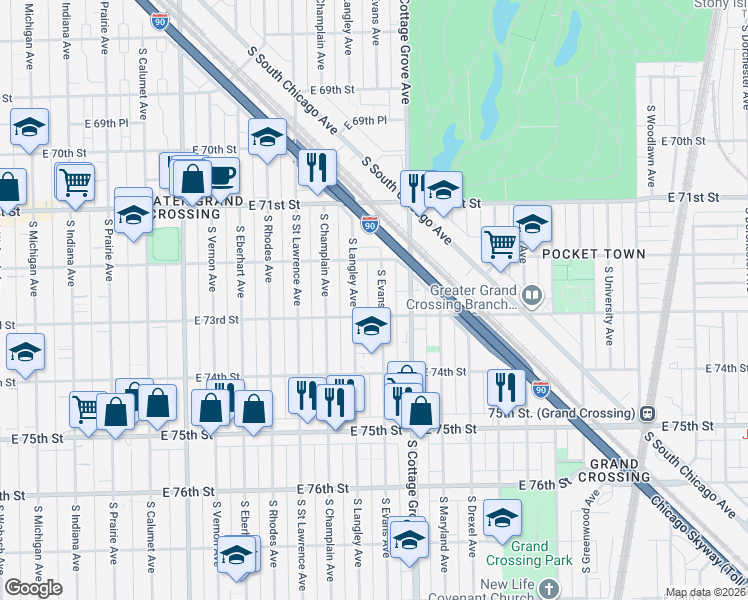 map of restaurants, bars, coffee shops, grocery stores, and more near 7233 South Langley Avenue in Chicago