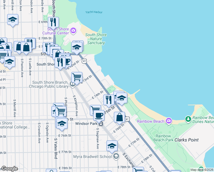 map of restaurants, bars, coffee shops, grocery stores, and more near 7363 South South Shore Drive in Chicago
