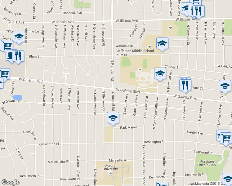 map of restaurants, bars, coffee shops, grocery stores, and more near 3 South Randall Road in Aurora