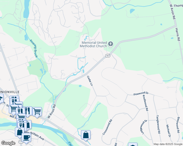 map of restaurants, bars, coffee shops, grocery stores, and more near 146 West Avon Road in Farmington