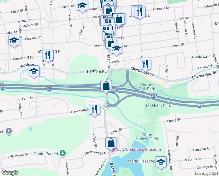 map of restaurants, bars, coffee shops, grocery stores, and more near Interstate 384 in Manchester