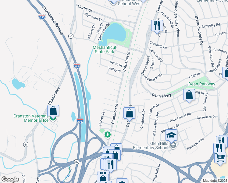 map of restaurants, bars, coffee shops, grocery stores, and more near 14 Walker Street in Cranston