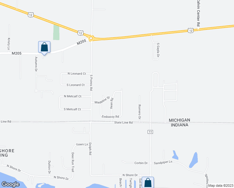 map of restaurants, bars, coffee shops, grocery stores, and more near 71302 Embassy Road in Edwardsburg