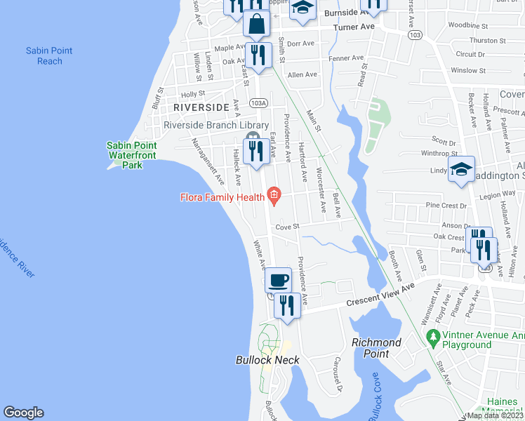 map of restaurants, bars, coffee shops, grocery stores, and more near 503 Bullocks Point Avenue in East Providence