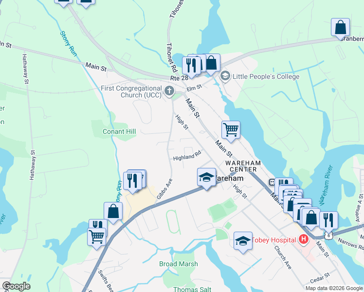 map of restaurants, bars, coffee shops, grocery stores, and more near 24 Highland Terrace in Wareham