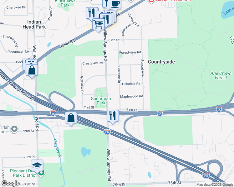 map of restaurants, bars, coffee shops, grocery stores, and more near 7010 Lorraine Drive in Countryside