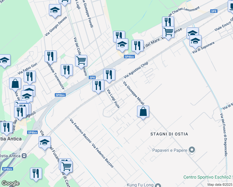 map of restaurants, bars, coffee shops, grocery stores, and more near 15 Via Padre Paolino Bufalieri in Acilia-Castel Fusano-Ostia Antica