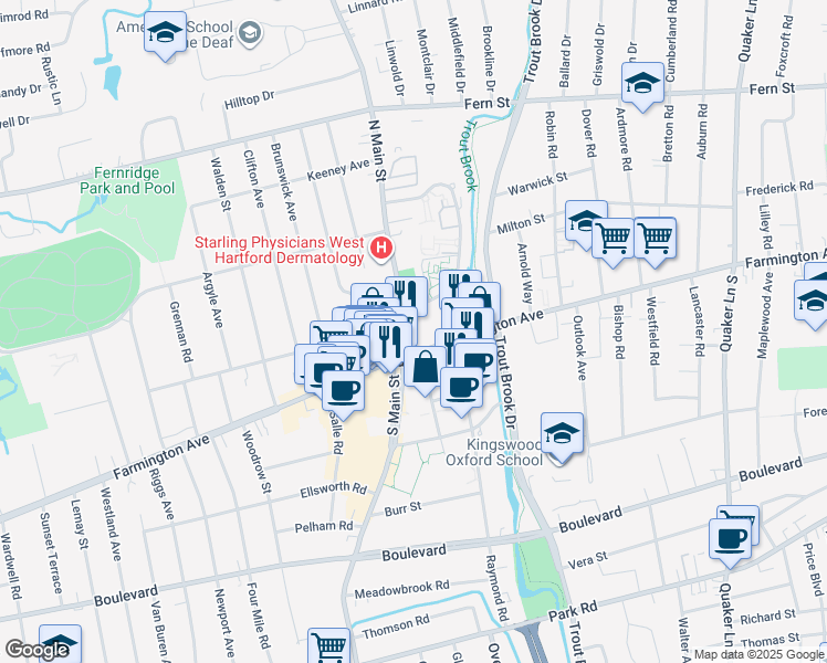 map of restaurants, bars, coffee shops, grocery stores, and more near 12 North Main Street in West Hartford