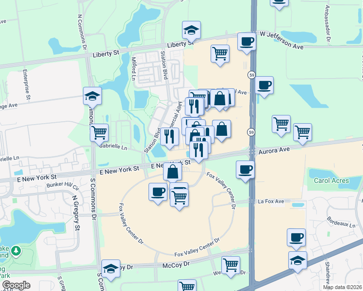 map of restaurants, bars, coffee shops, grocery stores, and more near 443 Plaza Place in Aurora