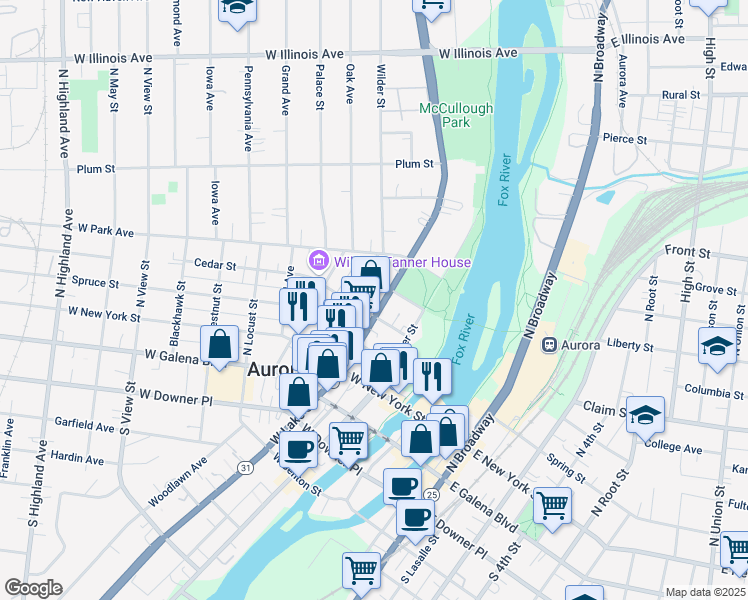 map of restaurants, bars, coffee shops, grocery stores, and more near 320 North Lake Street in Aurora