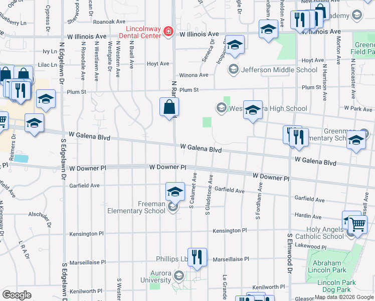 map of restaurants, bars, coffee shops, grocery stores, and more near 1344 West Galena Boulevard in Aurora