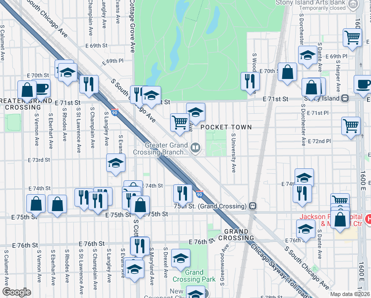 map of restaurants, bars, coffee shops, grocery stores, and more near 7283 S South Chicago Avenue in Chicago