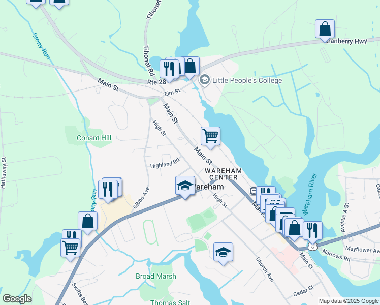 map of restaurants, bars, coffee shops, grocery stores, and more near 408 Main Street in Wareham